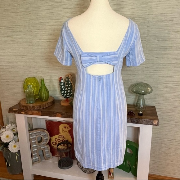 Anthropologie || Cape May Mini Bow Back Dress Linen Blend Blue Stripe Size 4 - Picture 11 of 11
